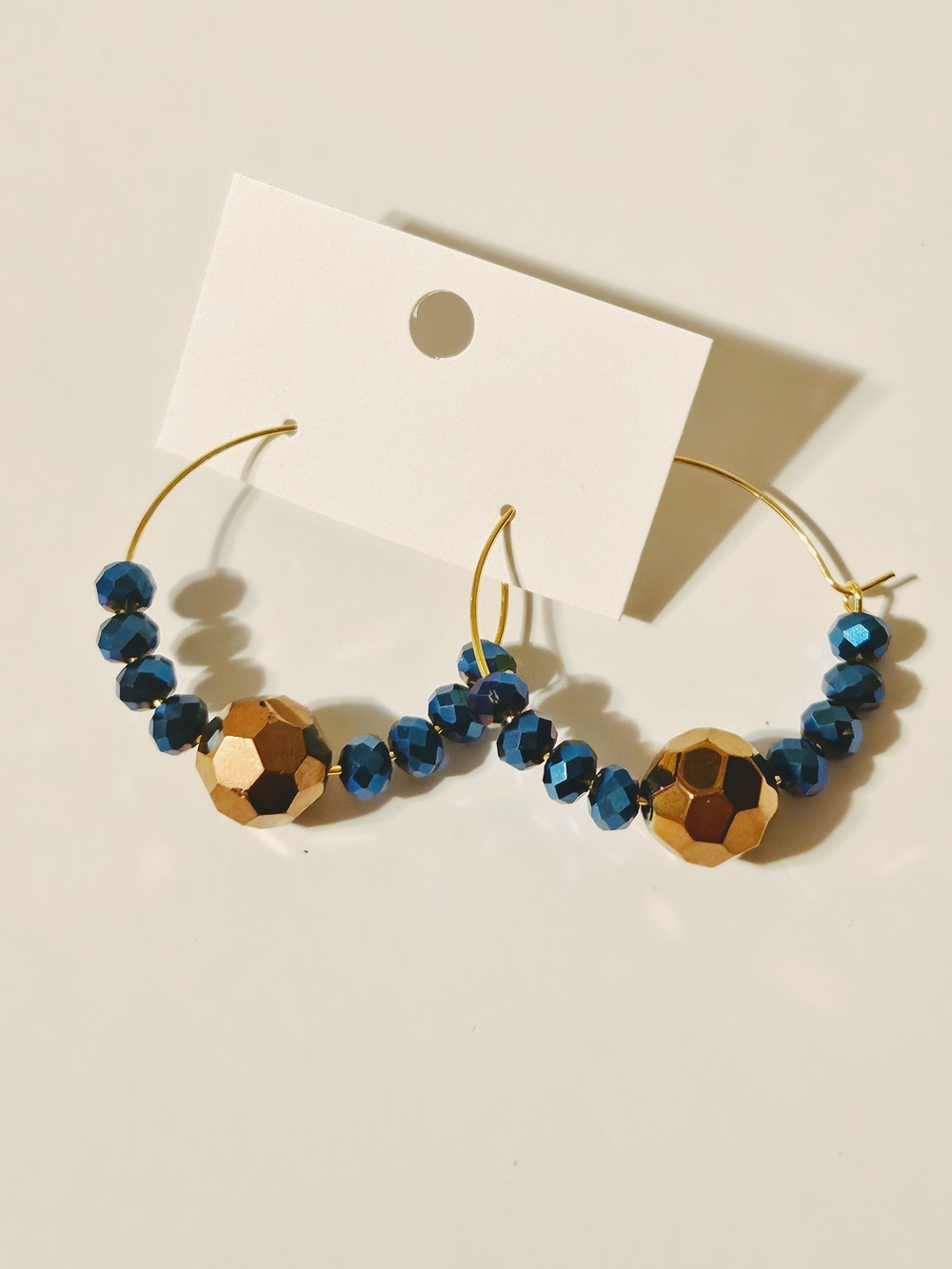 Gold and Blue Beaded Hoop Earrings